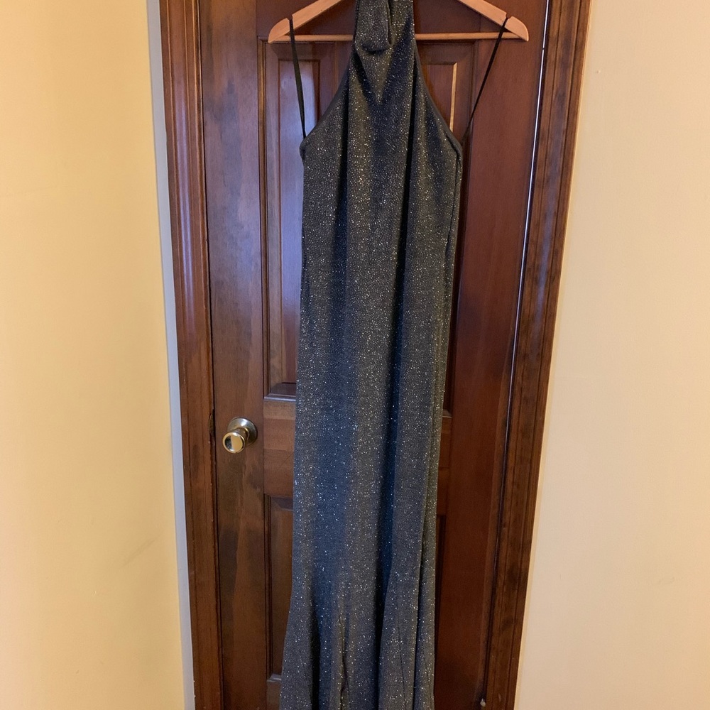 Silver floor length glitter gown trumpet backless